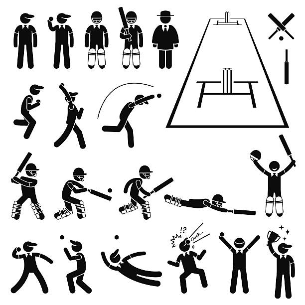 ilustrações, clipart, desenhos animados e ícones de jogador de críquete ações posa figura de palito pictogram ícones - cricket bowler