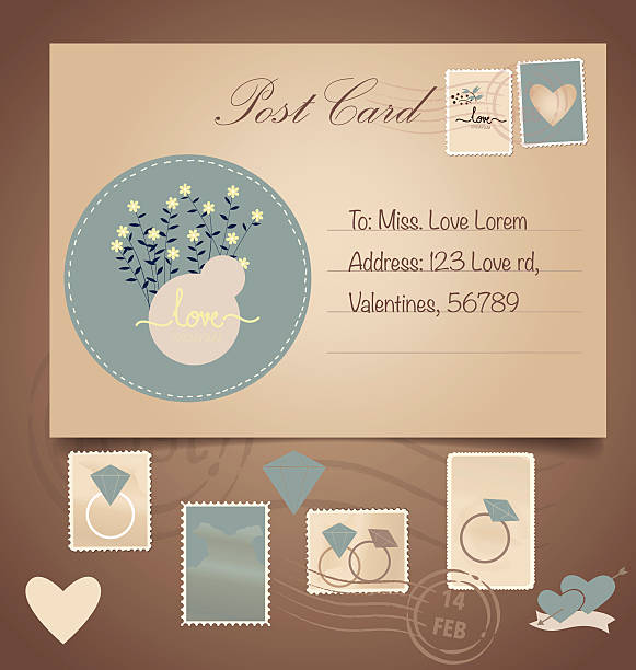 ilustrações de stock, clip art, desenhos animados e ícones de fundo do cartão postal vintage e selos postais de casamento-para de - invitation postcard scrapbook day