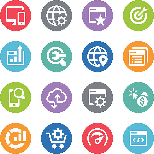 SEO Icon Set - Circle Illustrations Set of 16 SEO simple vector icons placed on colorful circles. Easy resize. There are icons: Web Page, Cloud Computing, Seo Service, Research, Coding, Speedometer, Magnifuing Glass, Globe, Pay Per Click ... light grey color code stock illustrations