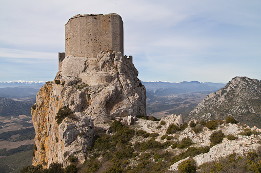 Cucugnan, France - April 3, 2015: Chateau de Queribus, Monument Historique by the French Ministry of Culture since 1907 in Languedoc-Roussillon, France.