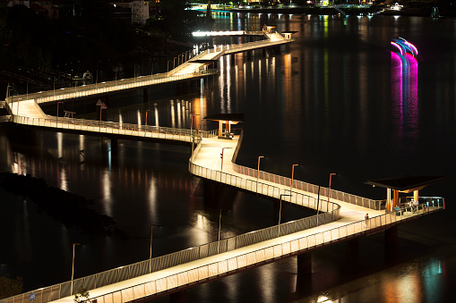Pedestrian Bridge across the Manchester Canal at Salford Quays at Night
