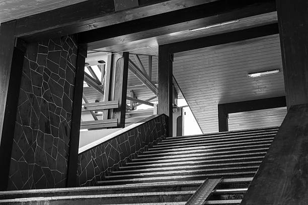 Black and White Walkway Covered walkway with steps leading to the main area in black and white esher stock pictures, royalty-free photos & images