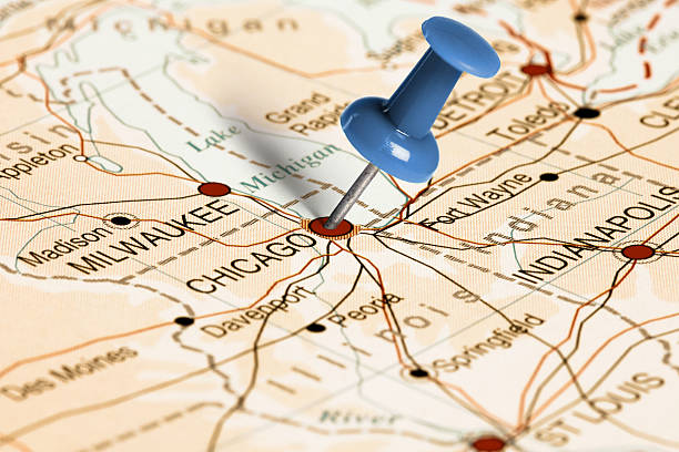 istock Location Chicago. Blue pin on the map. 473753404