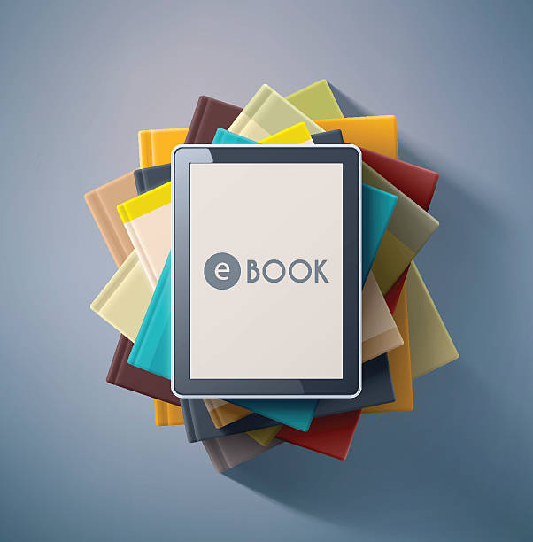 Looking down on E book on top of pile of books vector art illustration