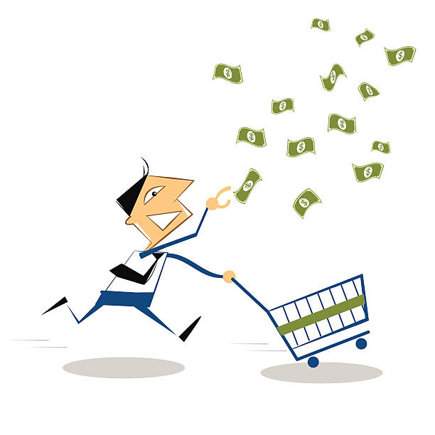 Cartoon businessman running with shopping cart  to grab the money Vector cartoon businessman running with shopping cart .Happy businessman to grab the money in the air. Isolated on white background white background dollar sign currency symbol dependency stock illustrations