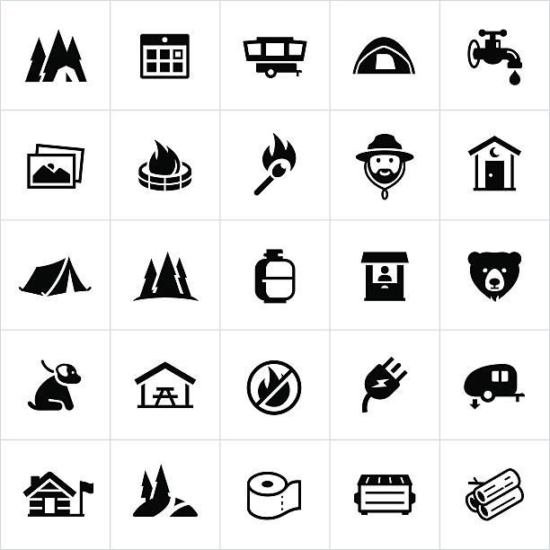 Campground Icons Icons related to campgrounds or campsites used for camping or outdoor recreation. The icons include a tent, campsite, utilities, campfire, forest ranger, wildlife, picnic table among others. Outhouse stock illustrations