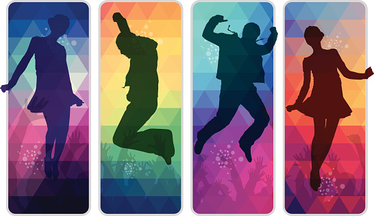 Dancing teenagers on colourful mosaic retro placards. Eps10. Contains blending mode objects.
