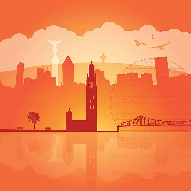 Vector illustration of Montreal sunset with city silhouettes