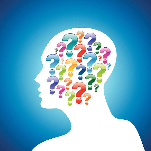 A silhouette of a human head with question marks inside silhouette of a question mark with human head question mark head stock illustrations