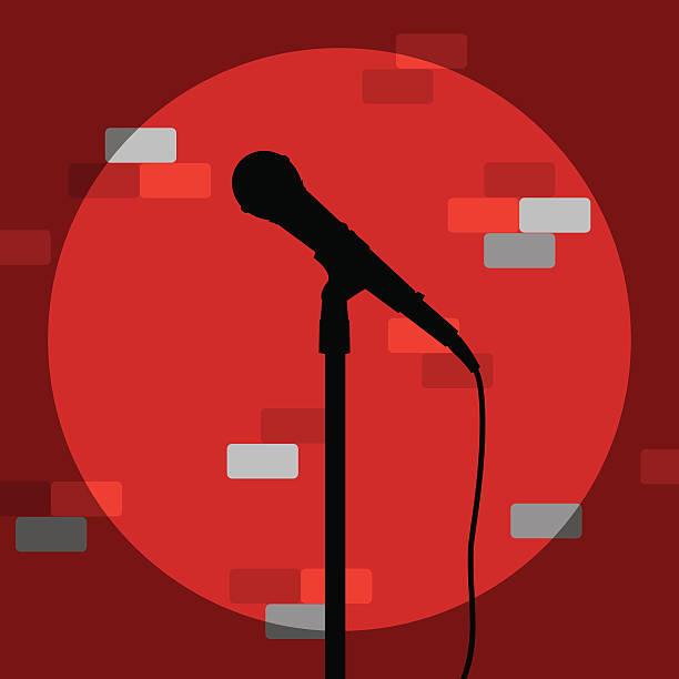 Vector illustration of microphone silhouette against a flat styled brick wall with a spotlight.