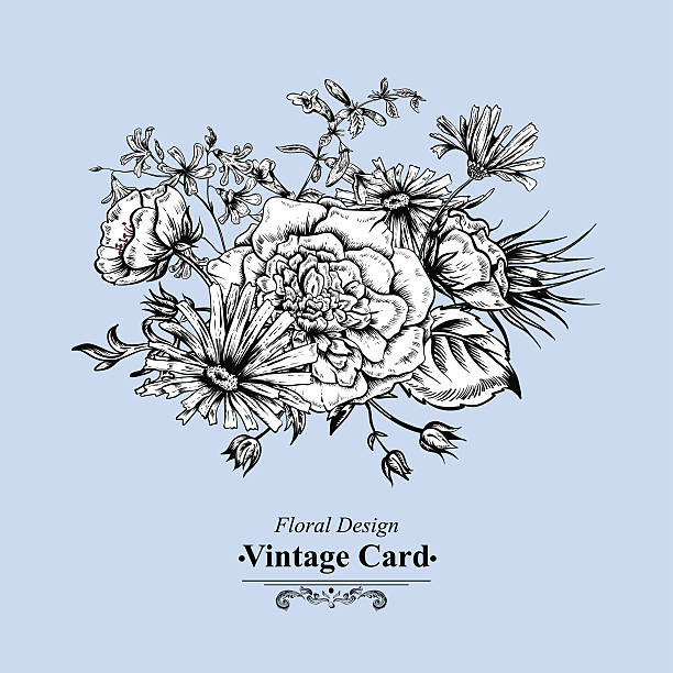 istock Monochrome Retro Summer Floral Greeting Card, Vintage Bouquet 473766146