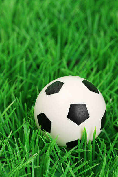 istock Soccer ball on a grass pitch - vertical 473769224