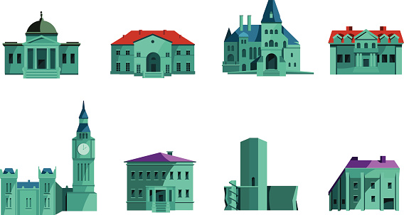 Illustration of classic, cyan, vector buildings.