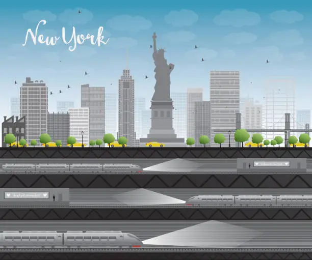 Vector illustration of New York city skyline with blue sky, clouds, yellow taxi