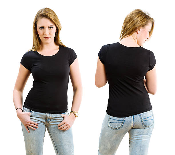 istock Blond woman wearing blank black shirt 473786236