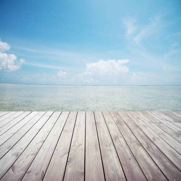 istock Wooden platform on beach with seascape and cloudy sky 473789420
