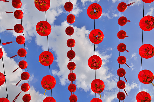 Lanterns Decoration Against Blue Sky for Chinese New Year Celebration in Thean Hou Temple, Kuala Lumpur Malaysia. 