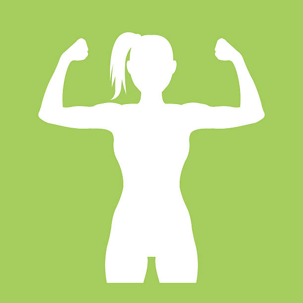 bildbanksillustrationer, clip art samt tecknat material och ikoner med fitness club logo with woman silhouette. woman shows her muscles - women gym