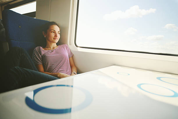 istock Young woman sitting in train 473790946
