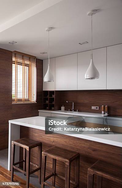 White And Brown Luxury Kitchen Stock Photo - Download Image Now - Electric Lamp, Kitchen, Modern
