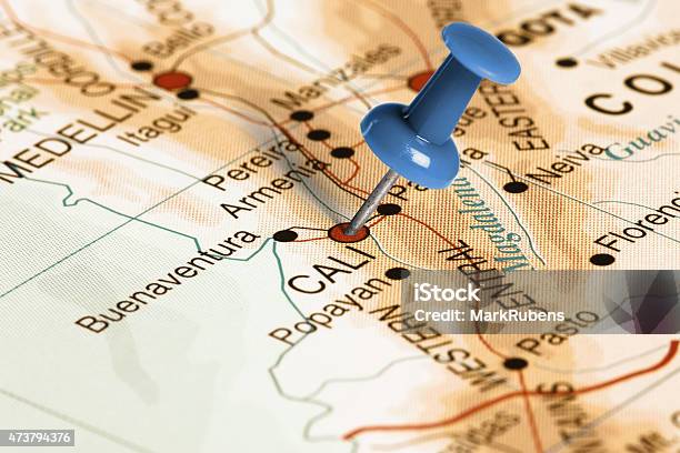 Location Cali Blue Pin On The Map Stock Photo - Download Image Now - Cali - Colombia, Colombia, Map