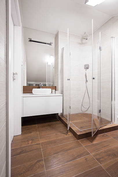 istock White and brown washroom interior 473795494