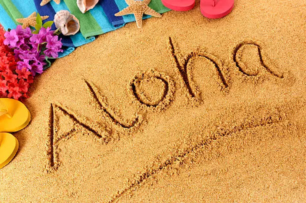 The word Aloha written on a sandy beach, with flowers, beach towel, starfish and flip flops.