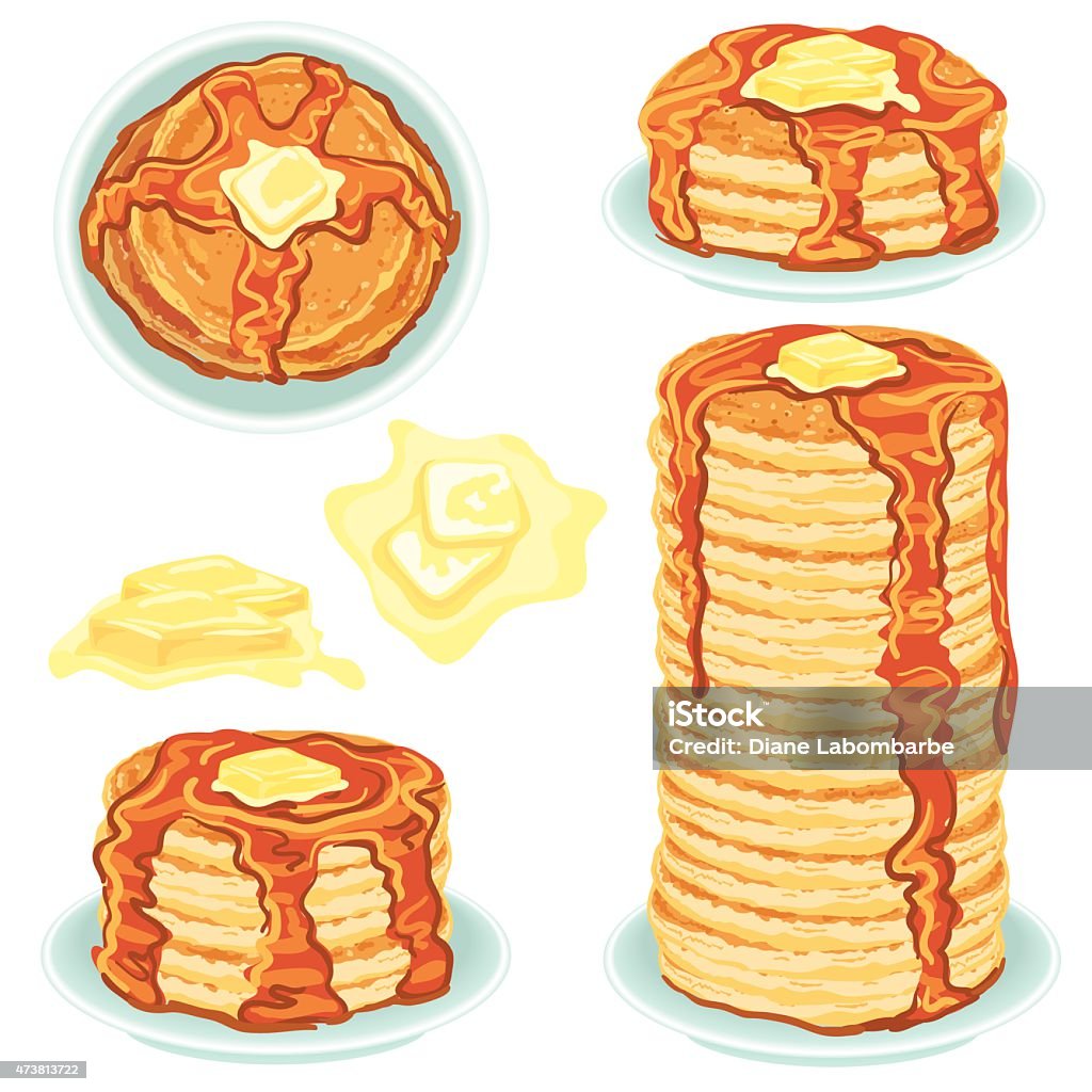 Stacks Of Pancakes With Butter And Syrup Stacks Of Pancakes on plates. Melting butter and syrup Pancake stock vector