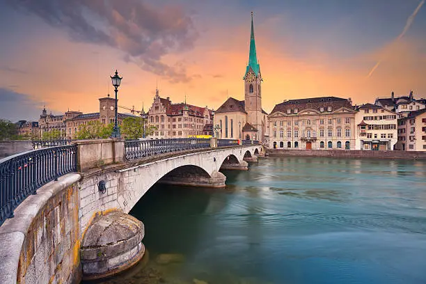 Image of Zurich during dramatic sunrise.