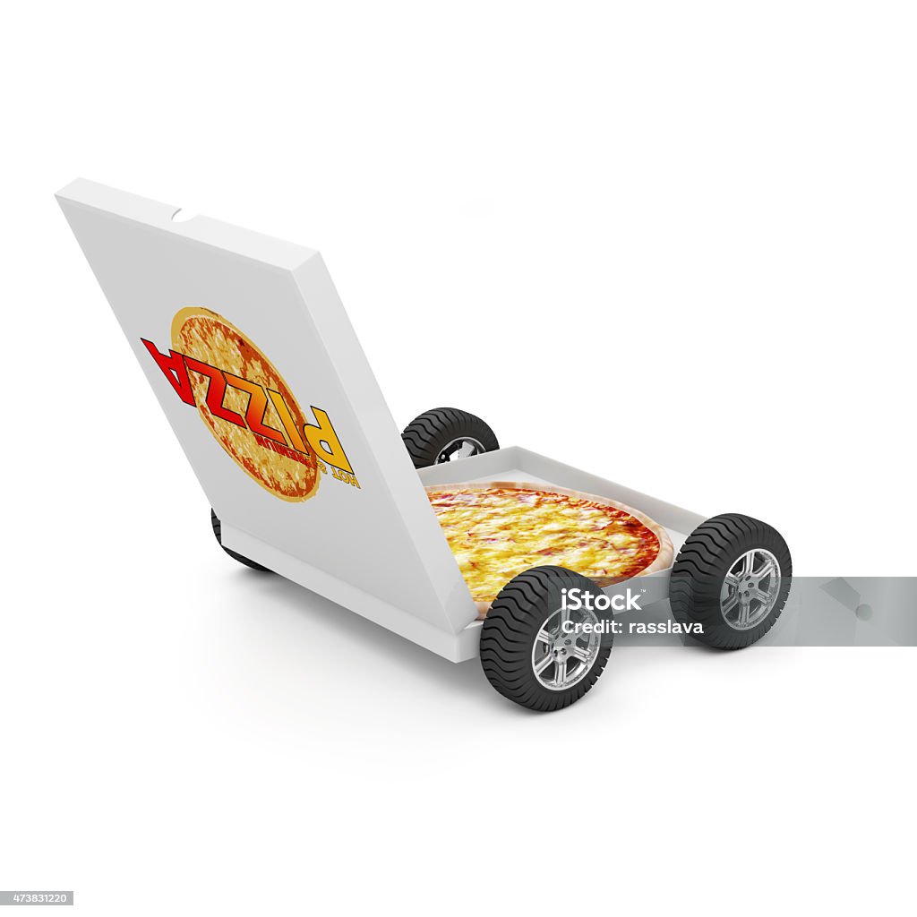 Pizza Box with Fresh 3D Pizza Inside on Wheels Hot and Fresh Pizza Fast Delivery Concept. Pizza Box with Fresh 3D Pizza Inside on Wheels isolated on white background. All elements is my own. 2015 Stock Photo