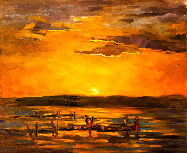 oryginalne malarstwo olejne.   piękna plaża o zachodzie słońca - orange ohio stock illustrations