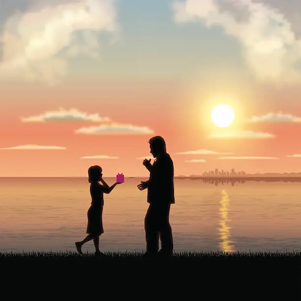 Vector illustration of Father's Day background[Father and child in the sunset]