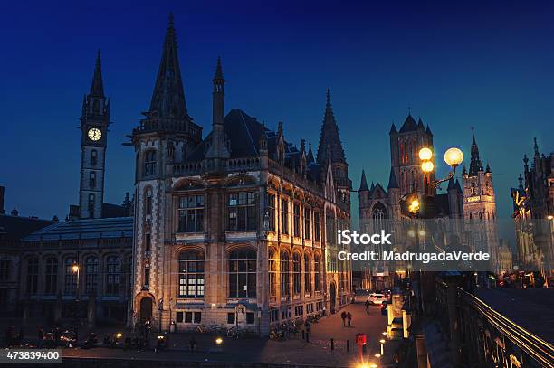 Ghent In Belgium At Night Stock Photo - Download Image Now - 2015, Architecture, Belgian Culture