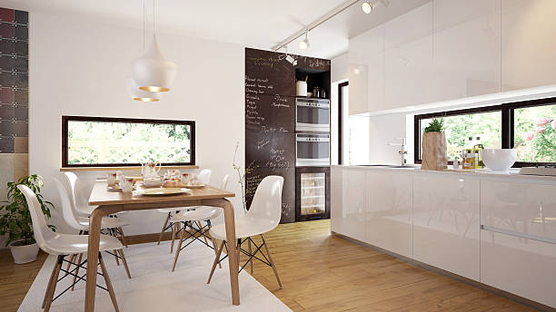 moderne und komfortable küche und esszimmer interieur - frühstücksbereich stock-fotos und bilder
