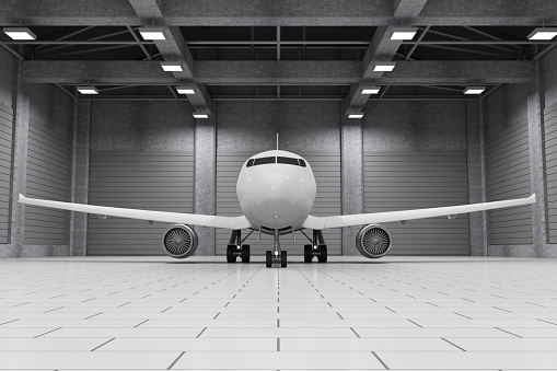 Modern Hangar 3D Interior with Modern Airplane Inside. Passenger Airplane of My Own Design. 3D Rendering