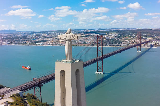 Aerial view Jesus Christ monument watching to Lisbon stock photo