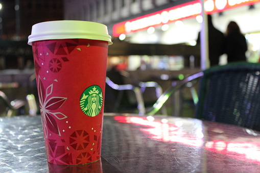 Madrid, Spain - December 14, 2013: Photograph of a Starbucks coffee at Christmas.