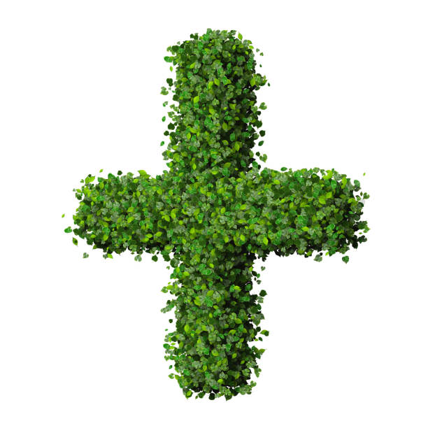 istock Pharmacy cross, Plus with ring, sign made from green leaves. 473850432