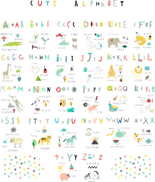 Cute alphabet. Letters and words. Flora, fauna, animals. vector art illustration