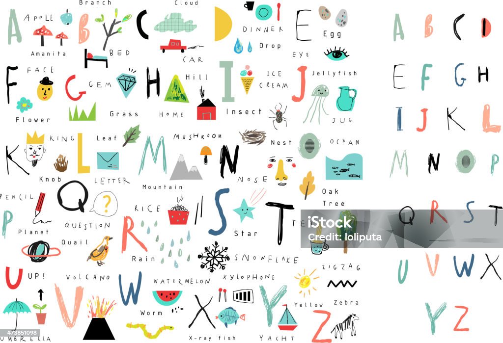 Mignon alphabet.   Lettres et de commentaires.   Apprendre à lire.   Isolé. - clipart vectoriel de Lettre de l'alphabet libre de droits