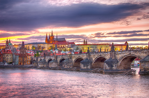 Castle of Prague (Czech Republic), Charles (Karluv) Bridge and Vltava River in the sunset