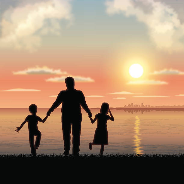 Father's Day background[Father and children in the sunset] vector art illustration