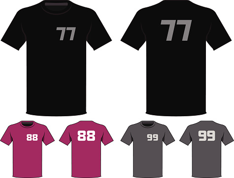 Vector of T shirt template set black, purple and grey color with number. Isolated objects.
