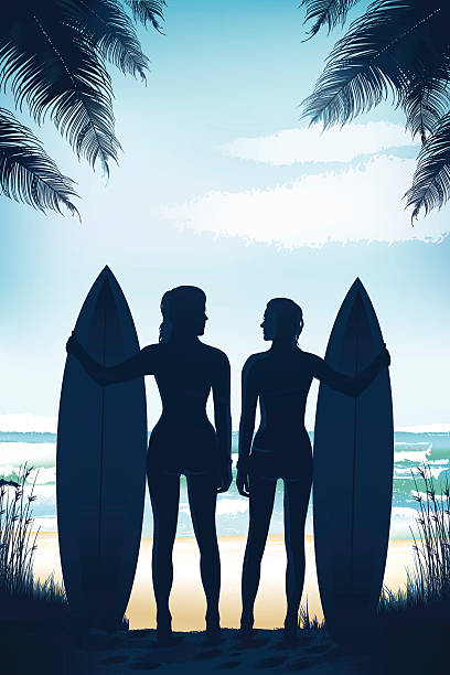 illustrazioni stock, clip art, cartoni animati e icone di tendenza di surfisti di due belle ragazze in piedi sulla spiaggia - horizon over land sports and fitness nature wave