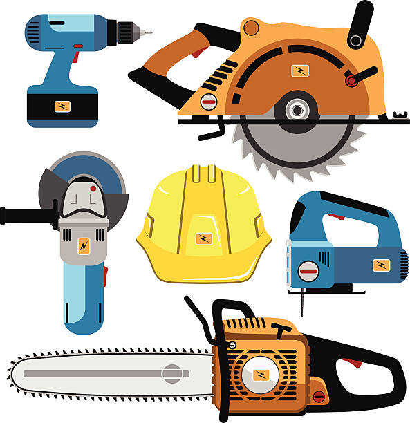 set of tools Building Tools Electric isolated on white background. Set Icon. Vector EPS10 file. It has transparencies effects. Illustration.  chuck drill part stock illustrations