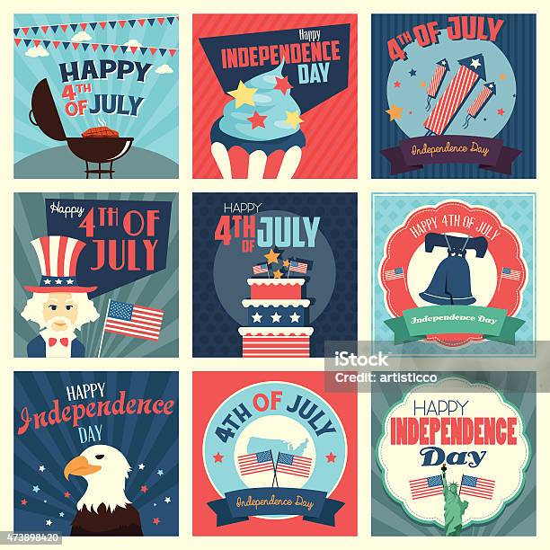 Grid Of 9 July 4th Icons In Patriotic Colors Stock Illustration - Download Image Now - Fourth of July, Barbecue - Meal, Independence Day - Holiday