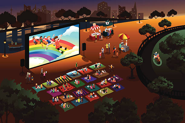 People watching outdoor movie in a park A vector illustration of people watching outdoor movie in a park movie-theater-exterior stock illustrations