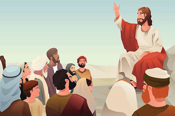 Jesus spreading his teaching to people A vector illustration of Jesus spreading his teaching to people Worshipper stock illustrations
