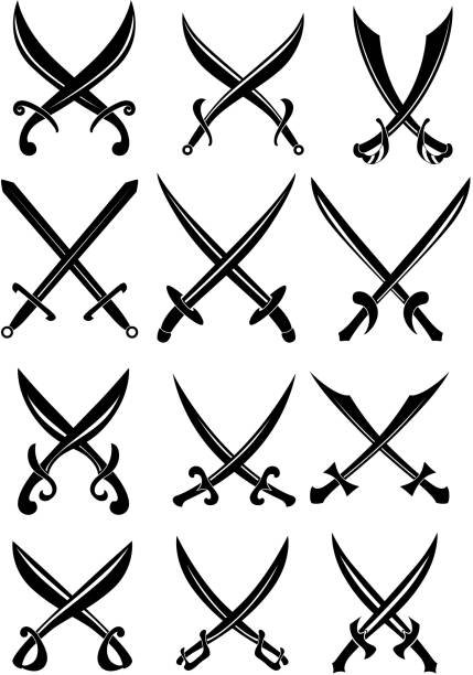 pirat skrzyżowane szpady i sabers - silhouette cross shape ornate cross stock illustrations