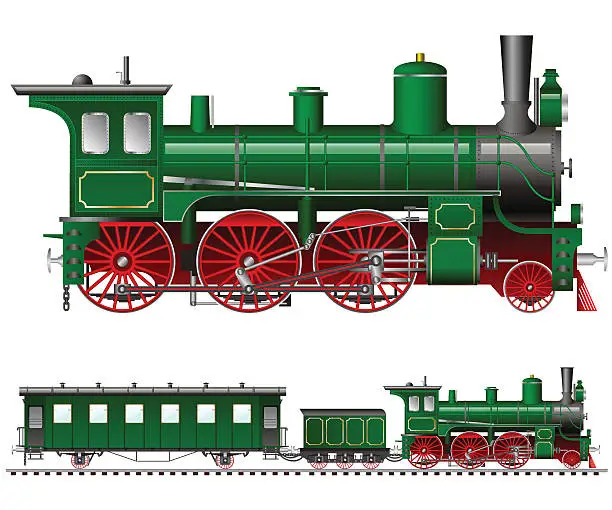 Vector illustration of green steam locomotive with tender and wagon